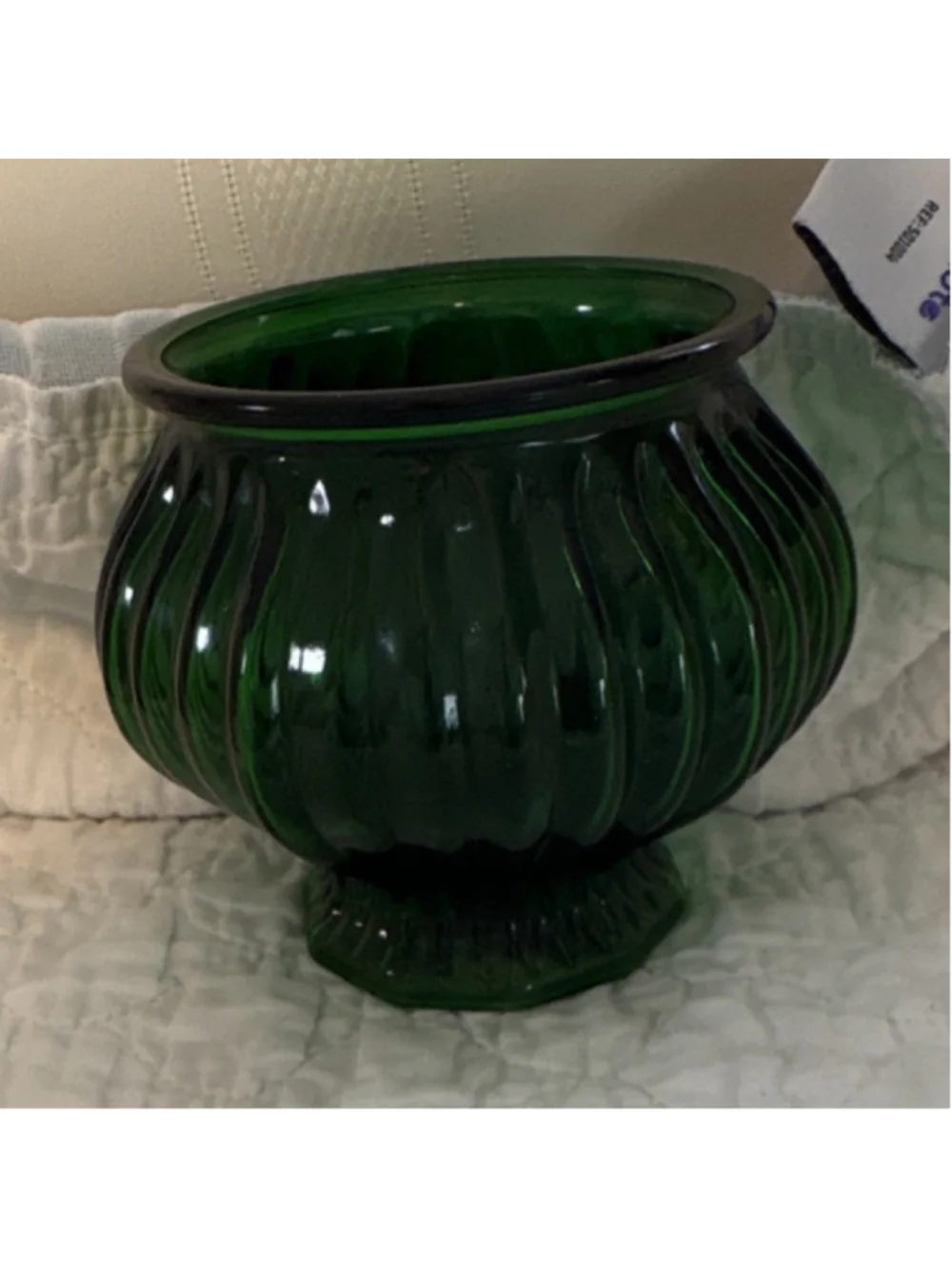 E.O. Brody Co M500 Green Pressed Glass Ribbed Pedestal Round Bowl